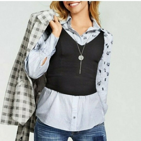 Cabi Whitney Shirt Top Button Stripe Floral Ruffle Casual Chic Blue Medium - Picture 13 of 14